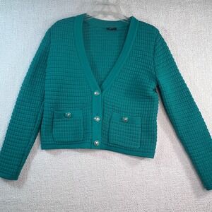 Talbots Petite Small Teal Textured Knit Button Cardigan Sweater